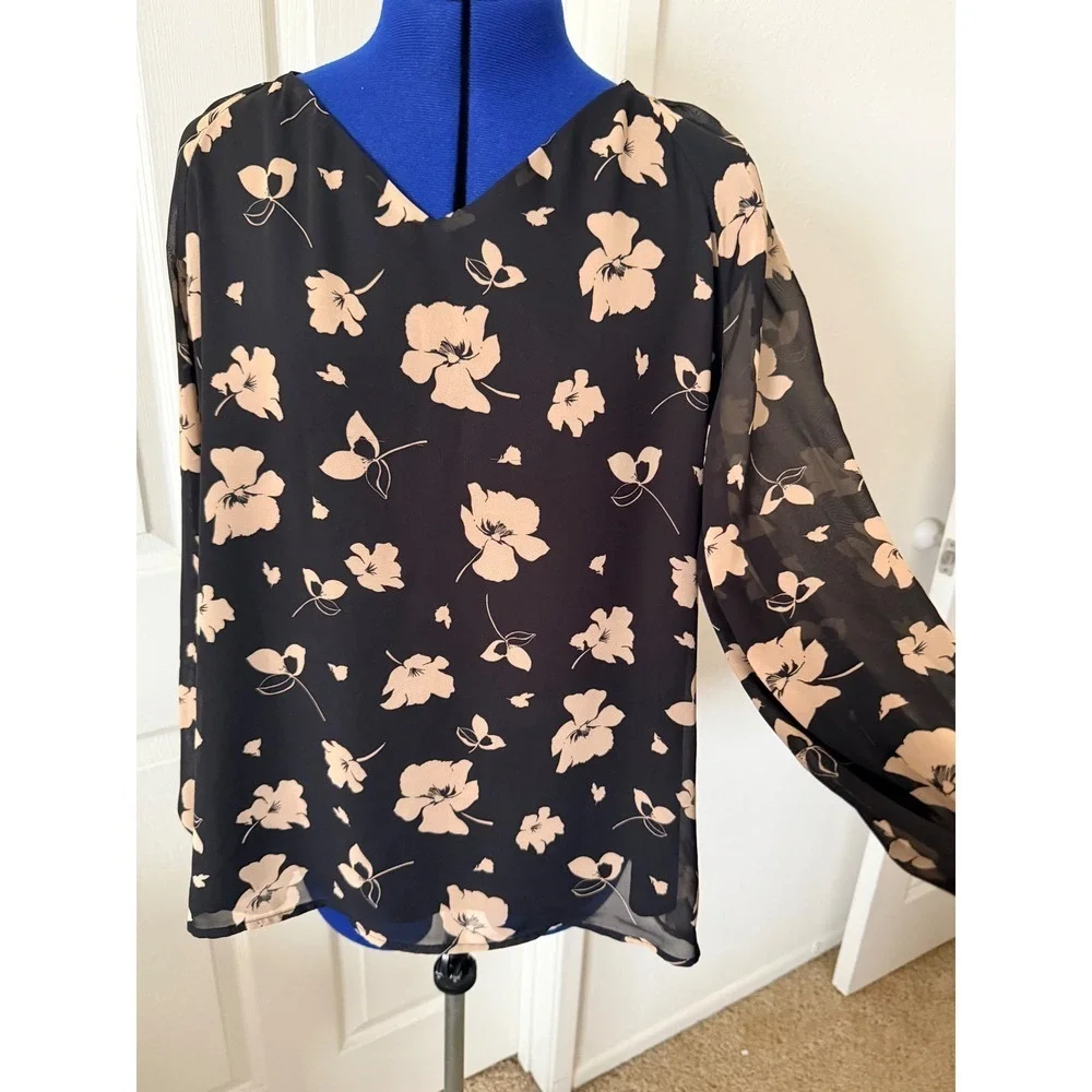 Nine West Womens XL Black Tan Floral Chiffon V-Neck Tie Back‎ Long Sleeve Blouse